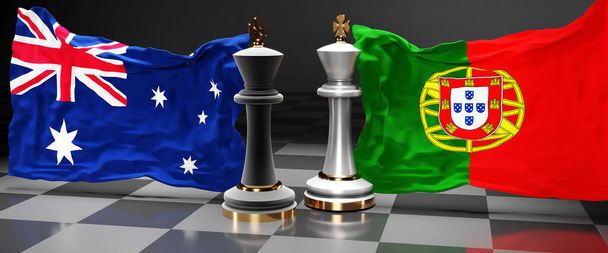 Australia Portugal cumbre, reunión o alianza entre esos dos países que tiene como objetivo resolver los problemas políticos, simbolizado por un juego de ajedrez con banderas nacionales, 3d ilustración - Foto, imagen