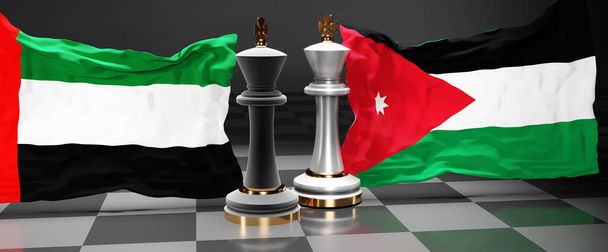 Jordanisches Gipfeltreffen der Vereinigten Arabischen Emirate, Treffen oder Aliance zwischen diesen beiden Ländern zur Lösung politischer Probleme, symbolisiert durch ein Schachspiel mit Nationalflaggen, 3D-Illustration - Foto, Bild