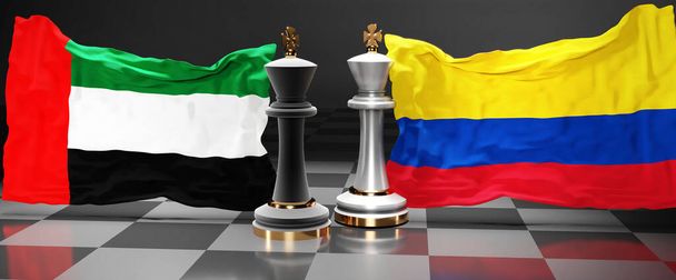 Σύνοδος Κορυφής, συνάντηση ή συνάντηση των δύο χωρών των Ηνωμένων Αραβικών Εμιράτων στην Κολομβία που στοχεύει στην επίλυση πολιτικών ζητημάτων, που συμβολίζεται από ένα παιχνίδι σκάκι με εθνικές σημαίες, 3D εικονογράφηση - Φωτογραφία, εικόνα
