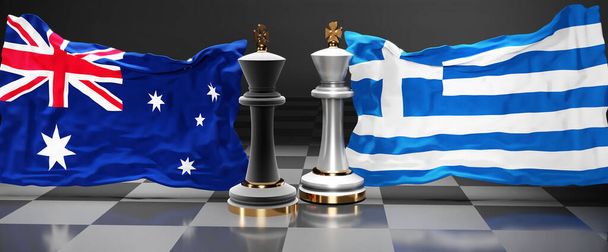 Australia Grecia cumbre, reunión o alianza entre esos dos países que tiene como objetivo resolver los problemas políticos, simbolizado por un juego de ajedrez con banderas nacionales, 3d ilustración - Foto, imagen
