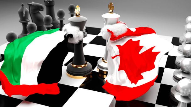 Emiratos Árabes Unidos Canadá - debate y diálogo entre esos dos países se muestra como dos reyes de ajedrez con banderas nacionales que simbolizan el arte sutil de la diplomacia, ilustración 3d - Foto, Imagen