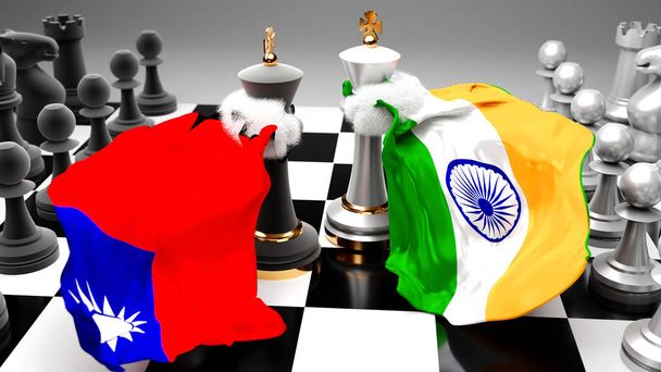 Taiwán India - reunión, debate y diálogo entre esos dos países se muestra como dos reyes de ajedrez con banderas nacionales que simbolizan el arte sutil de las reuniones, la diplomacia y las negociaciones, ilustración 3d - Foto, Imagen