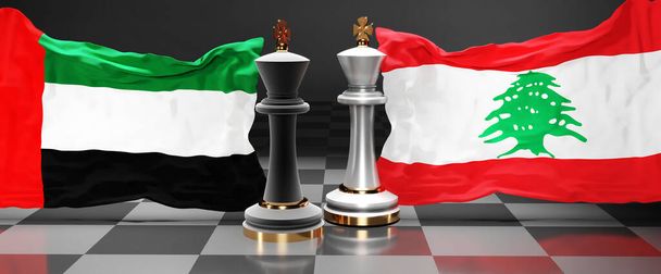 Emiratos Árabes Unidos Cumbre del Líbano, reunión o alianza entre esos dos países que tiene como objetivo resolver problemas políticos, simbolizado por un juego de ajedrez con banderas nacionales, ilustración 3d - Foto, imagen