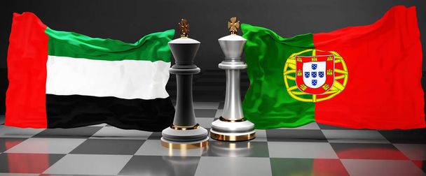 Emiratos Árabes Unidos Cumbre de Portugal, reunión o alianza entre esos dos países que tiene como objetivo resolver los problemas políticos, simbolizado por un juego de ajedrez con banderas nacionales, 3d ilustración - Foto, imagen