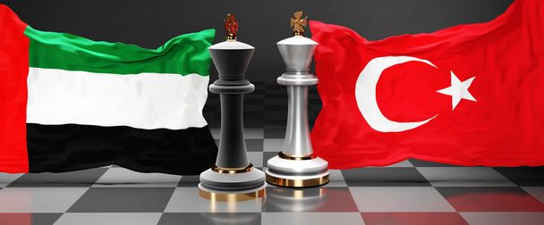 Emiratos Árabes Unidos Turquía cumbre, reunión o alianza entre esos dos países que tiene como objetivo resolver los problemas políticos, simbolizado por un juego de ajedrez con banderas nacionales, 3d ilustración - Foto, imagen