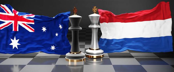Αυστραλία Ολλανδία σύνοδο κορυφής, συνάντηση ή ζωντάνια μεταξύ των δύο χωρών που έχει ως στόχο την επίλυση των πολιτικών ζητημάτων, συμβολίζεται από ένα παιχνίδι σκάκι με εθνικές σημαίες, 3D εικονογράφηση - Φωτογραφία, εικόνα
