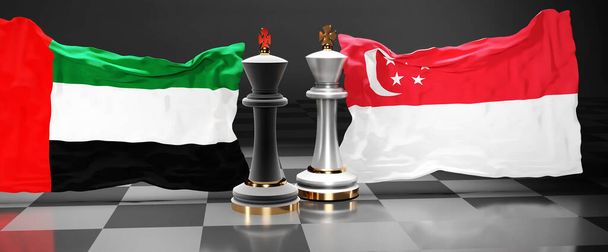 Emiratos Árabes Unidos Cumbre de Singapur, reunión o alianza entre esos dos países que tiene como objetivo resolver los problemas políticos, simbolizado por un juego de ajedrez con banderas nacionales, 3d ilustración - Foto, imagen