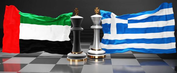 Yhdistyneet arabiemiirikunnat Kreikka huippukokous, kokous tai vieraantuminen näiden kahden maan välillä, jonka tavoitteena on ratkaista poliittisia kysymyksiä, symboloi shakkipeli kansallisten lippujen, 3d kuva - Valokuva, kuva