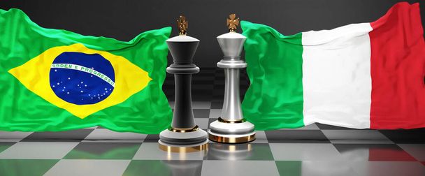 Brasilien-Italien-Gipfel, Treffen oder Aliance zwischen diesen beiden Ländern, die auf die Lösung politischer Probleme abzielen, symbolisiert durch ein Schachspiel mit Nationalflaggen, 3D-Illustration - Foto, Bild