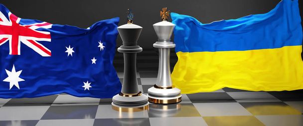 Australia Ucrania cumbre, reunión o alianza entre esos dos países que tiene como objetivo resolver los problemas políticos, simbolizado por un juego de ajedrez con banderas nacionales, 3d ilustración - Foto, imagen