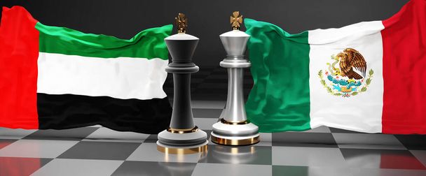 Emiratos Árabes Unidos México cumbre, reunión o alianza entre esos dos países que tiene como objetivo resolver los problemas políticos, simbolizado por un juego de ajedrez con banderas nacionales, 3d ilustración - Foto, imagen