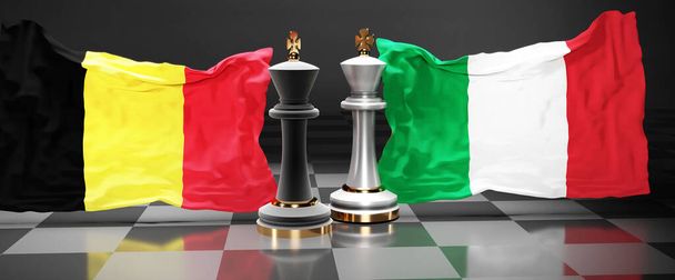 ベルギーイタリア首脳会議、国旗を持つチェスゲーム、 3Dイラストで象徴される政治問題を解決することを目的としたそれらの2国間の会合や提携 - 写真・画像