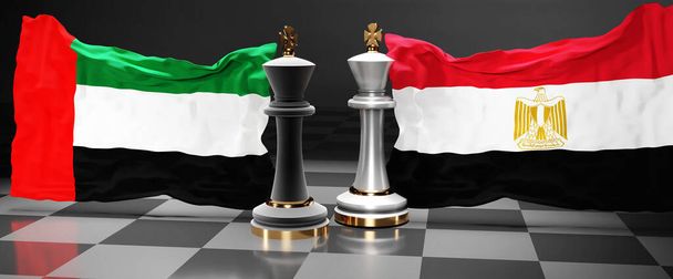 Emiratos Árabes Unidos Egipto cumbre, reunión o alianza entre esos dos países que tiene como objetivo resolver los problemas políticos, simbolizado por un juego de ajedrez con banderas nacionales, 3d ilustración - Foto, imagen