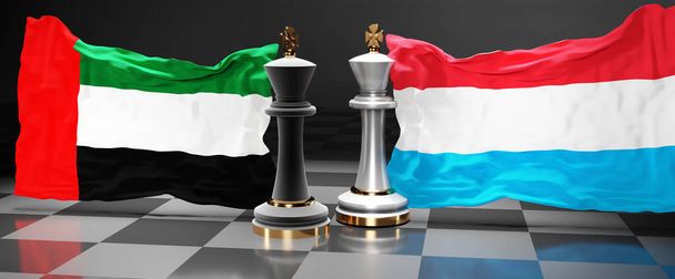 Emiratos Árabes Unidos Cumbre de Luxemburgo, reunión o alianza entre esos dos países que tiene como objetivo resolver problemas políticos, simbolizado por un juego de ajedrez con banderas nacionales, ilustración 3d - Foto, imagen