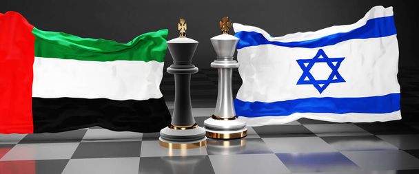 アラブ首長国連邦イスラエル首脳会議、国旗を持つチェスゲームで象徴される政治問題を解決することを目的としたそれらの2国間の会合や提携、 3Dイラスト - 写真・画像