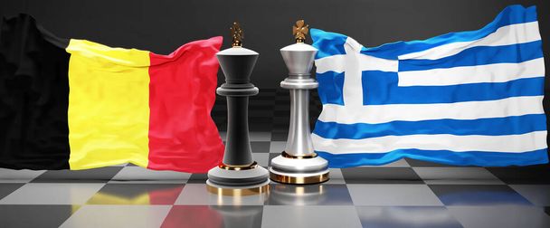 Bélgica Grecia cumbre, reunión o alianza entre esos dos países que tiene como objetivo resolver los problemas políticos, simbolizado por un juego de ajedrez con banderas nacionales, 3d ilustración - Foto, imagen