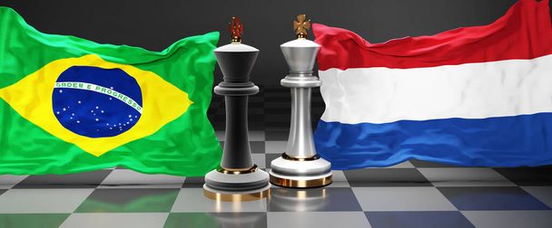Brasil Países Bajos cumbre, reunión o alianza entre esos dos países que tiene como objetivo resolver los problemas políticos, simbolizado por un juego de ajedrez con banderas nacionales, 3d ilustración - Foto, imagen