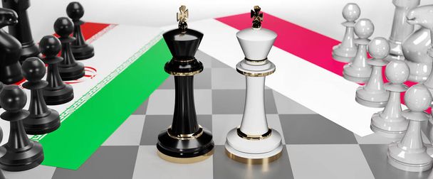 Ιράν και Πολωνία - συνομιλίες, συζήτηση, διάλογος ή αντιπαράθεση μεταξύ των δύο χωρών που παρουσιάζονται ως δύο σκακιστές βασιλιάδες με σημαίες που συμβολίζουν την τέχνη των συναντήσεων και των διαπραγματεύσεων, 3D εικονογράφηση - Φωτογραφία, εικόνα
