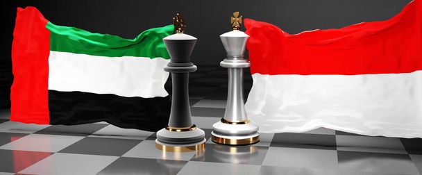 Gipfeltreffen der Vereinigten Arabischen Emirate Indonesien, Treffen oder Aliance zwischen diesen beiden Ländern, die auf die Lösung politischer Probleme abzielen, symbolisiert durch ein Schachspiel mit Nationalflaggen, 3D-Illustration - Foto, Bild