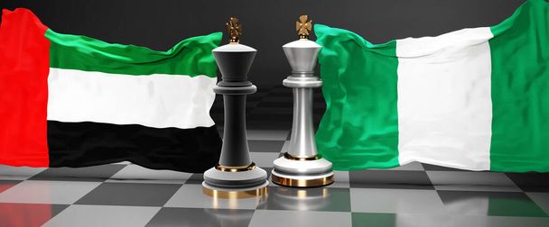 Emiratos Árabes Unidos Nigeria cumbre, reunión o alianza entre esos dos países que tiene como objetivo resolver los problemas políticos, simbolizado por un juego de ajedrez con banderas nacionales, 3d ilustración - Foto, imagen