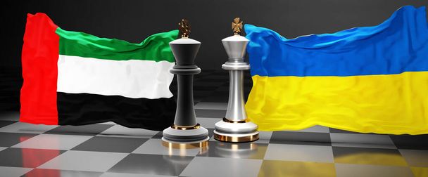 Emiratos Árabes Unidos Ucrania cumbre, reunión o alianza entre esos dos países que tiene como objetivo resolver los problemas políticos, simbolizado por un juego de ajedrez con banderas nacionales, 3d ilustración - Foto, imagen