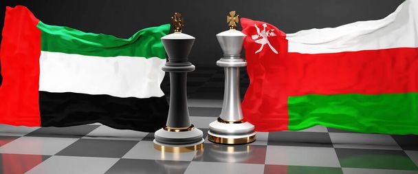 Emiratos Árabes Unidos Omán cumbre, reunión o alianza entre esos dos países que tiene como objetivo resolver los problemas políticos, simbolizado por un juego de ajedrez con banderas nacionales, 3d ilustración - Foto, imagen