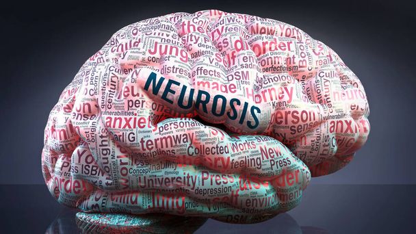 Neuroza w ludzkim mózgu, setki kluczowych pojęć związanych z neurozą rzutowane na korę mózgową, aby pokazać szeroki zakres choroby i zbadać koncepcje z nią związane, ilustracja 3D - Zdjęcie, obraz