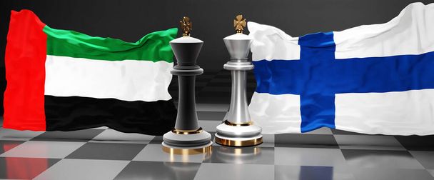 Egyesült Arab Emírségek Finnország csúcstalálkozó, találkozó vagy szövetség a két ország, amelynek célja, hogy megoldja a politikai kérdések, szimbolizálja a sakk játék nemzeti zászlók, 3D-s illusztráció - Fotó, kép