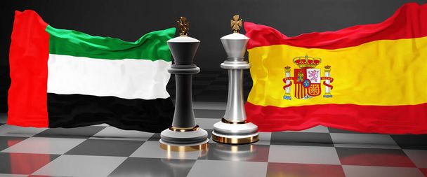 Emiratos Árabes Unidos España cumbre, reunión o alianza entre esos dos países que tiene como objetivo resolver los problemas políticos, simbolizado por un juego de ajedrez con banderas nacionales, 3d ilustración - Foto, imagen