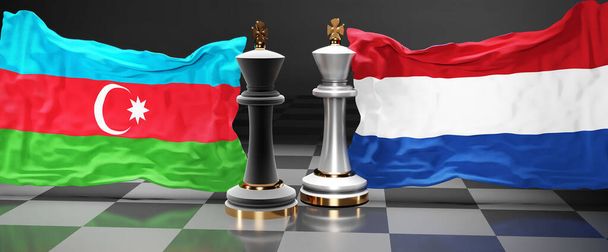 Azerbaycan Hollanda zirvesi, siyasi meseleleri çözmeyi amaçlayan bu iki ülke arasındaki toplantı veya ittifak, ulusal bayraklı bir satranç oyunu, 3D illüstrasyonla sembolize ediliyor. - Fotoğraf, Görsel
