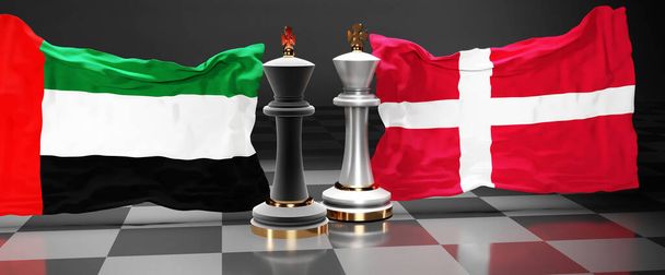 Emiratos Árabes Unidos Cumbre de Dinamarca, reunión o alianza entre esos dos países que tiene como objetivo resolver problemas políticos, simbolizado por un juego de ajedrez con banderas nacionales, ilustración 3d - Foto, imagen