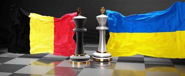Belgische Oekraïense top, ontmoeting of alliantie tussen die twee landen die politieke kwesties willen oplossen, gesymboliseerd door een schaakspel met nationale vlaggen, 3D-illustratie - Foto, afbeelding