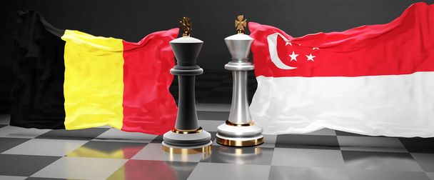 Bélgica Singapur cumbre, reunión o alianza entre esos dos países que tiene como objetivo resolver los problemas políticos, simbolizado por un juego de ajedrez con banderas nacionales, 3d ilustración - Foto, imagen