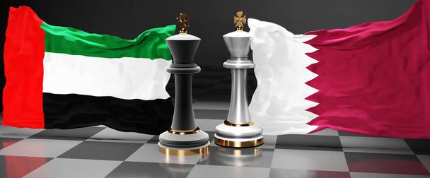 Emiratos Árabes Unidos Qatar cumbre, reunión o alianza entre esos dos países que tiene como objetivo resolver los problemas políticos, simbolizado por un juego de ajedrez con banderas nacionales, 3d ilustración - Foto, imagen