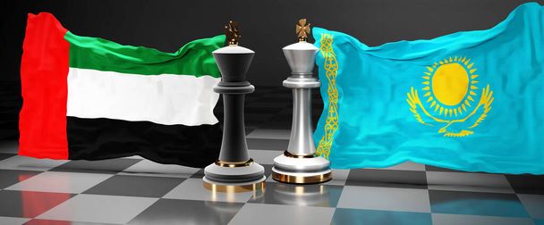Emiratos Árabes Unidos Kazajstán cumbre, reunión o alianza entre esos dos países que tiene como objetivo resolver los problemas políticos, simbolizado por un juego de ajedrez con banderas nacionales, 3d ilustración - Foto, imagen