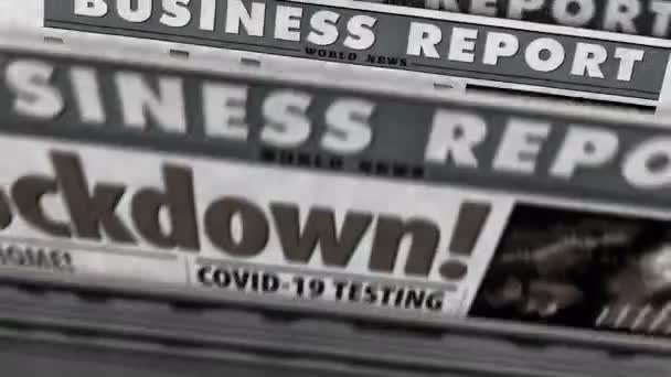Lockdown COVID-19, κλειστή οικονομία και επιχειρηματική κρίση σε coronavirus πανδημία καθημερινή εφημερίδα εκτύπωση ρεπορτάζ. Αφηρημένη έννοια ρετρό 3d απόδοση απρόσκοπτη looped animation. - Πλάνα, βίντεο