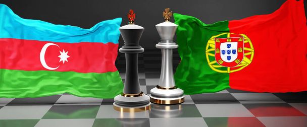 Azerbaiyán Portugal cumbre, reunión o alianza entre esos dos países que tiene como objetivo resolver los problemas políticos, simbolizado por un juego de ajedrez con banderas nacionales, 3d ilustración - Foto, imagen
