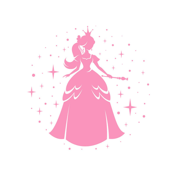 Princess σιλουέτα στέκεται σε όμορφο φόρεμα με μαγικό ραβδί. Κύκλος πλαίσιο φόντο με ροζ κουκίδες και αστράφτει - Διάνυσμα, εικόνα
