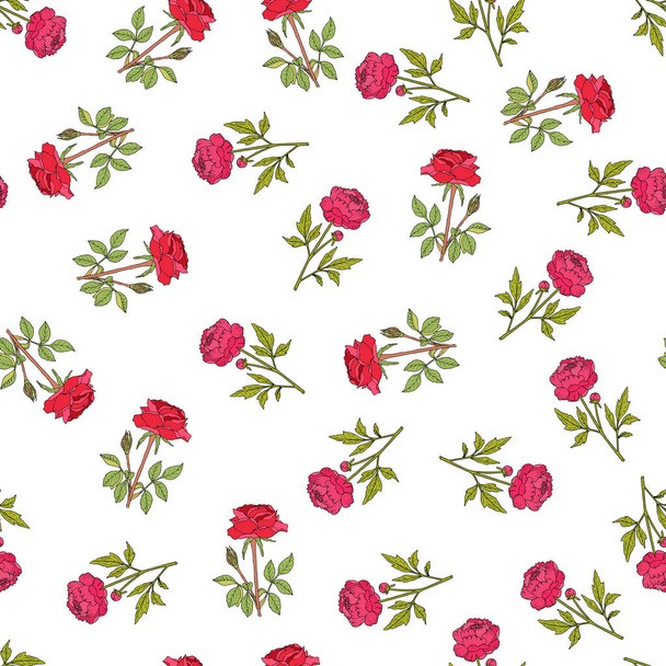 Seamless pattern with red rose and peony - Wektor, obraz