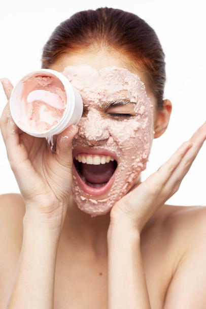 emotional woman cream face mask bare shoulders health - Foto, Bild
