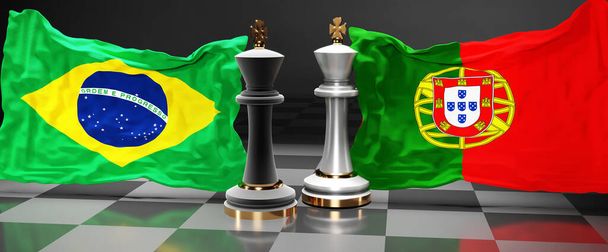 Brasilien Portugal-Gipfel, Treffen oder Aliance zwischen diesen beiden Ländern, die auf die Lösung politischer Probleme abzielt, symbolisiert durch ein Schachspiel mit Nationalflaggen, 3D-Illustration - Foto, Bild