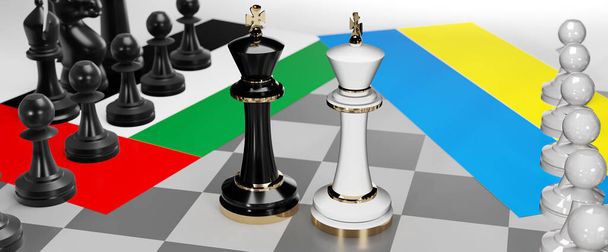 Emiratos Árabes Unidos y Ucrania conversaciones, debate o diálogo entre esos dos países se muestran como dos reyes de ajedrez con banderas nacionales que simbolizan el arte sutil de la diplomacia, ilustración 3d - Foto, imagen