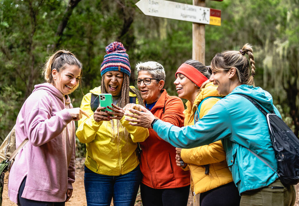 Ομάδα γυναικών με διαφορετικές ηλικίες και εθνικότητες που διασκεδάζουν χρησιμοποιώντας κινητό smartphone ενώ περπατούν σε ομιχλώδες δάσος - Περιπέτεια και ταξιδιωτική έννοια άνθρωποι - Φωτογραφία, εικόνα