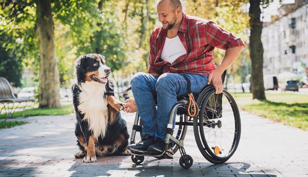Feliz joven con discapacidad física en silla de ruedas con su perro. - Foto, imagen