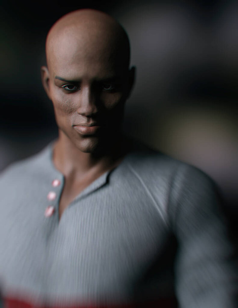 Shadowy retrato de un hombre afroamericano calvo en un suéter gris. Renderizado 3D. - Foto, Imagen