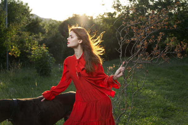 beautiful woman in a red dress outdoors with a black dog friendship - Φωτογραφία, εικόνα