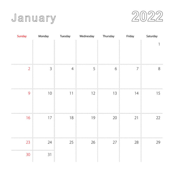 Simple wall calendar for January 2022 with dotted lines. The calendar is in English, week start from Sunday. - Vector, Image