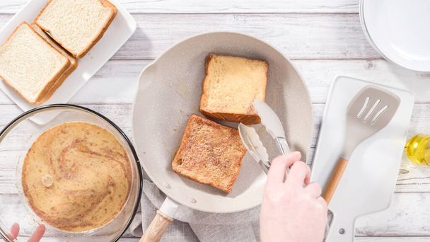 Step by step. Frying french toast in a nonstick frying pan. - Photo, Image