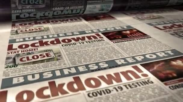 Lockdown COVID-19, κλειστή οικονομία και επιχειρηματική κρίση στο coronavirus πανδημία καθημερινή εφημερίδα έκθεση ρολό εκτύπωσης. Αφηρημένη έννοια 3d απόδοση απρόσκοπτη looped κινούμενα σχέδια. - Πλάνα, βίντεο