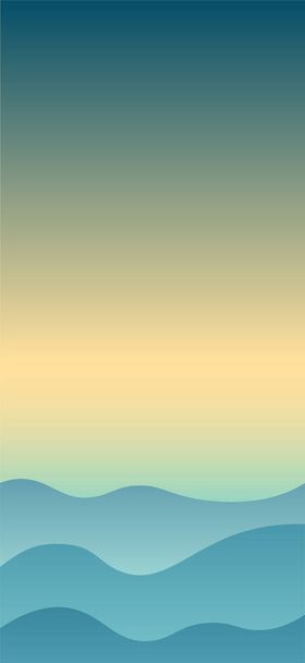 Flat peaceful landscape with Mountains and blue and yellow gradient sky at sunrise. Vacation and Outdoor Banner. Recreation and Meditation Poster Concept. Serenity Vector illustration background. - Wektor, obraz